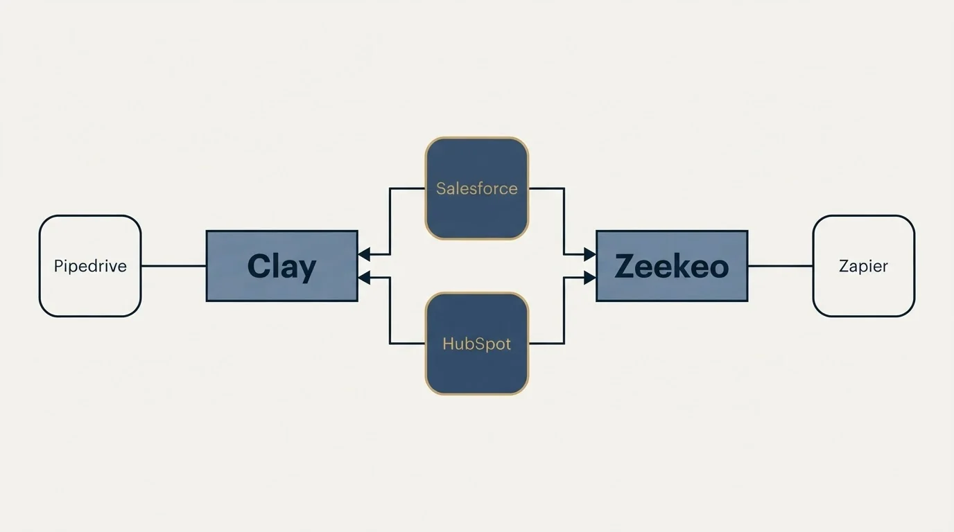 Integration flow: Integration Ecosystem (Clay, Zeekeo, Salesforce, HubSpot)