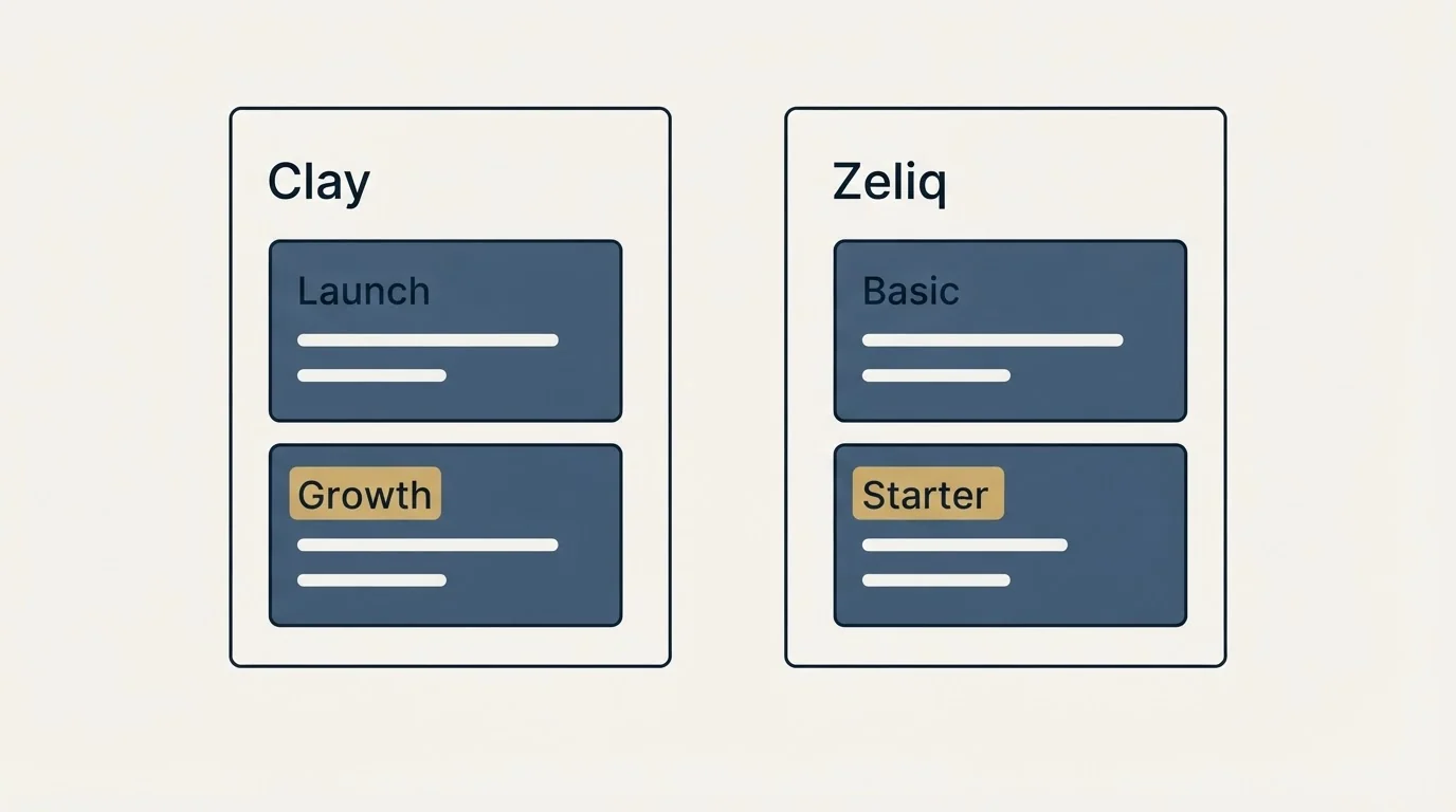 Pricing panels: Pricing Comparison (Clay, Zeliq, Launch, Basic)