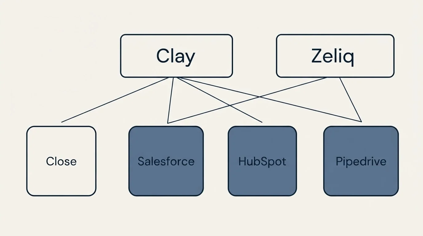 Integration grid: Integration Ecosystem (Clay, Zeliq, Salesforce, HubSpot)