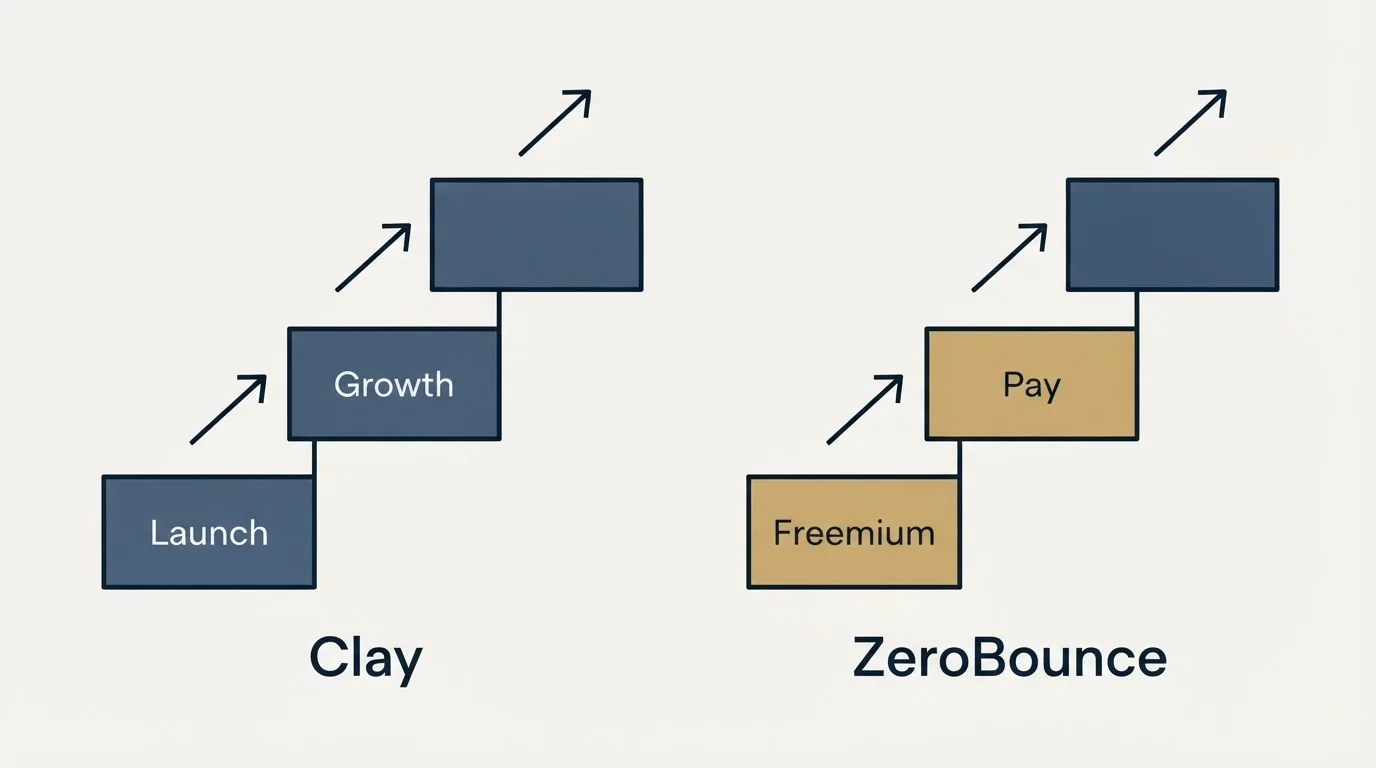 Pricing ladder: Pricing Comparison (Clay, ZeroBounce, Launch, Freemium)
