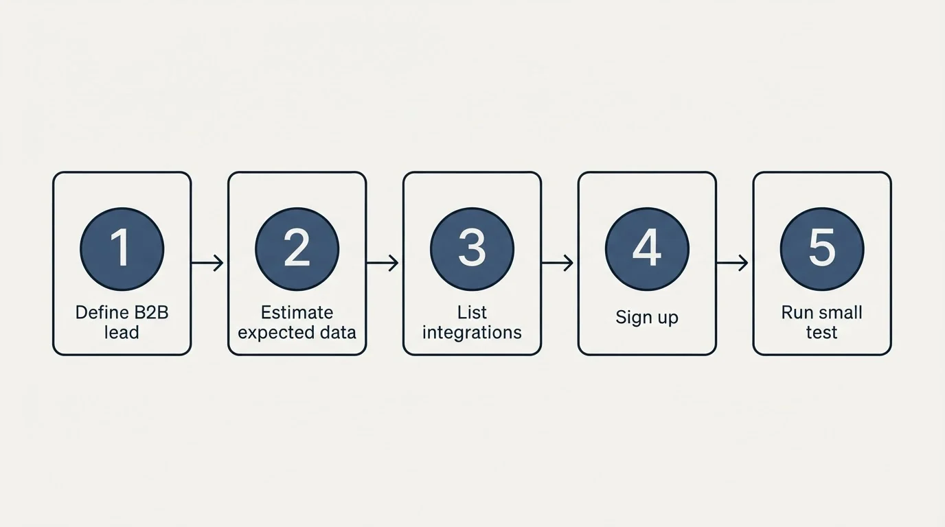 Step sequence: Getting Started Checklist (Define B2B lead, Estimate expected data, List integrations, Sign up)