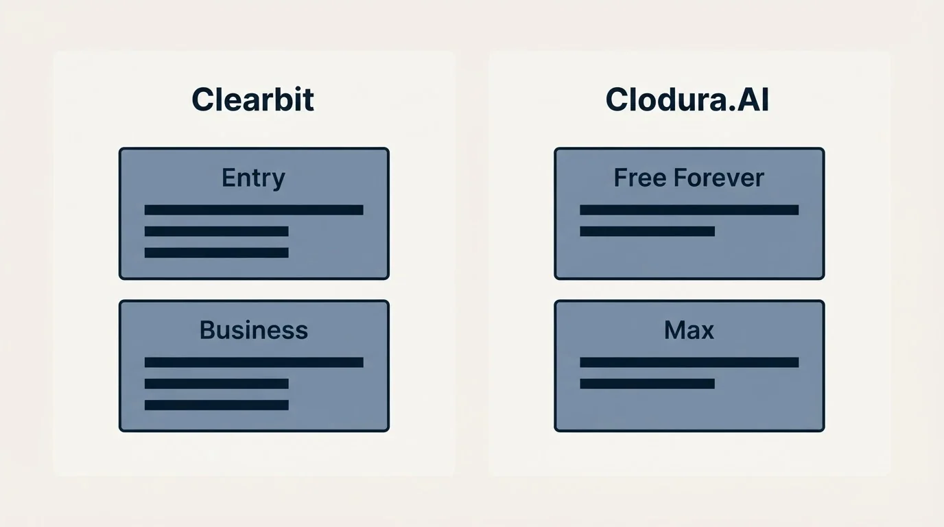 Pricing panels: Pricing Comparison (Clearbit, Clodura.AI, Entry, Free Forever)