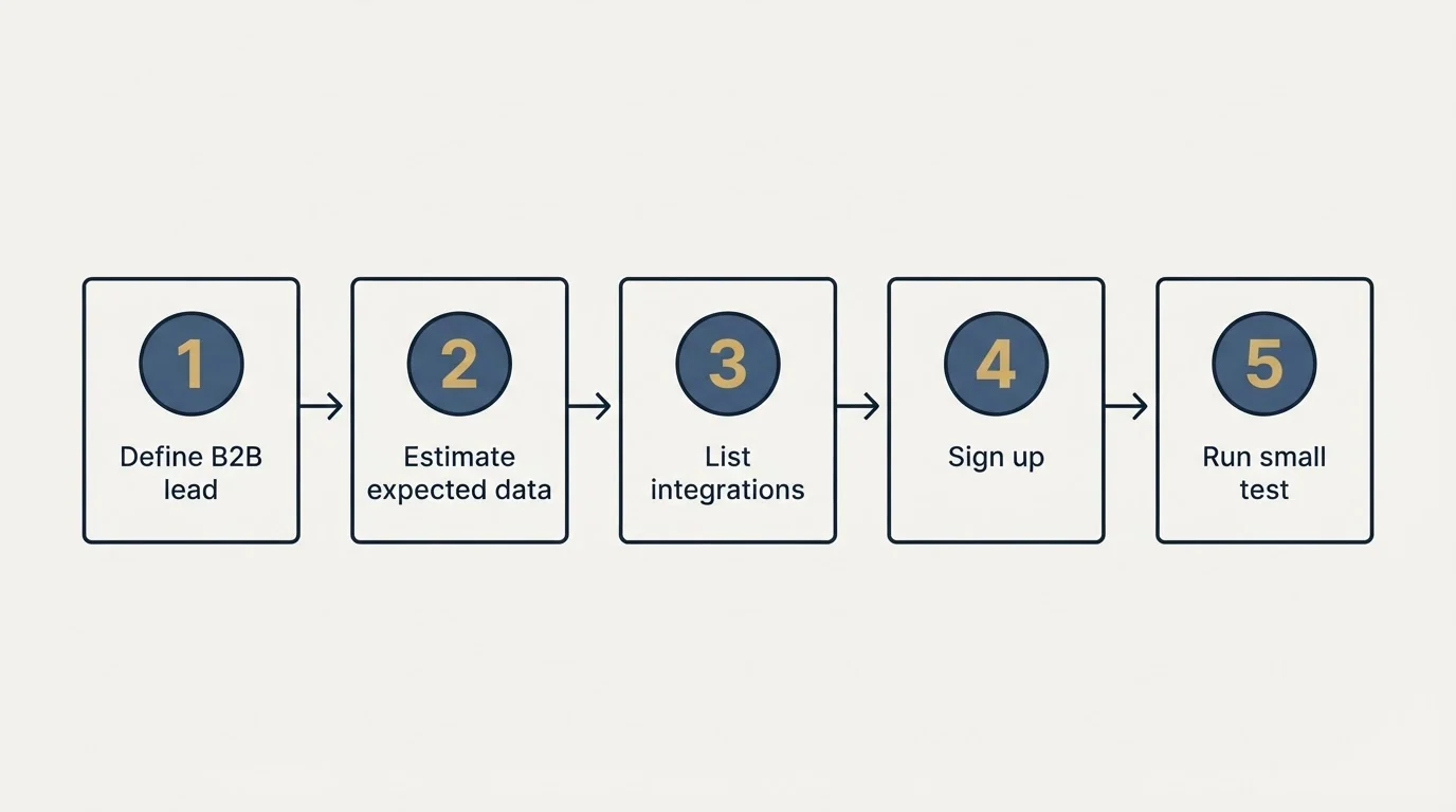 Step sequence: Getting Started Checklist (Define B2B lead, Estimate expected data, List integrations, Sign up)