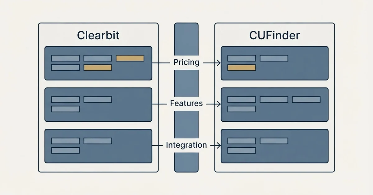Comparison panel: Clearbit vs CUFinder (Pricing, Features, Integration)