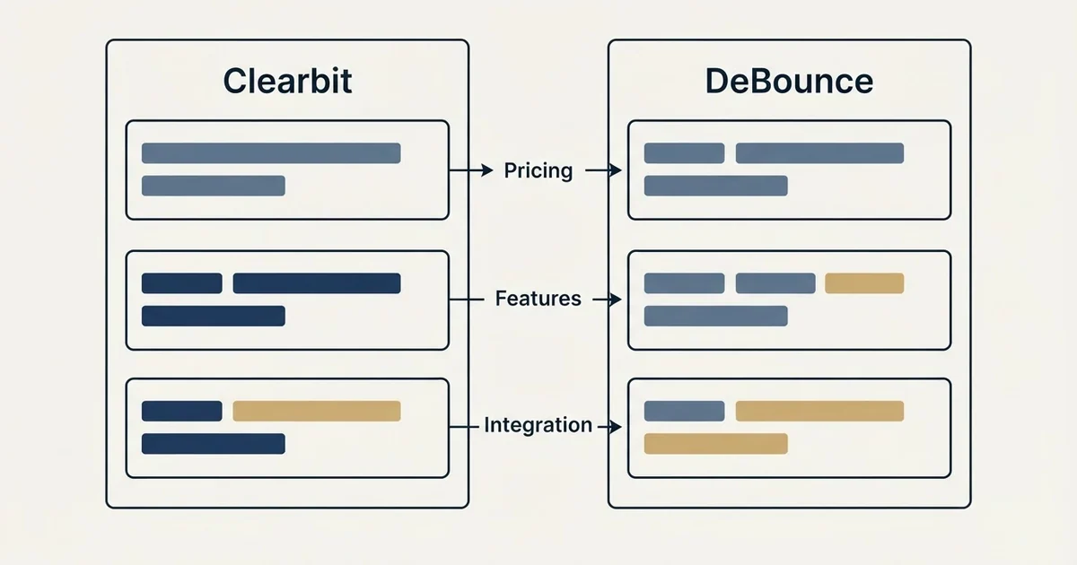 Comparison panel: Clearbit vs DeBounce (Pricing, Features, Integration)
