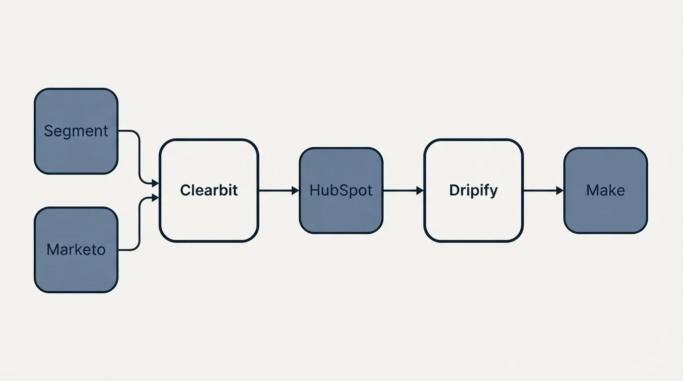 Integration schematic: Integration Ecosystem (Clearbit, Dripify, HubSpot, Segment)
