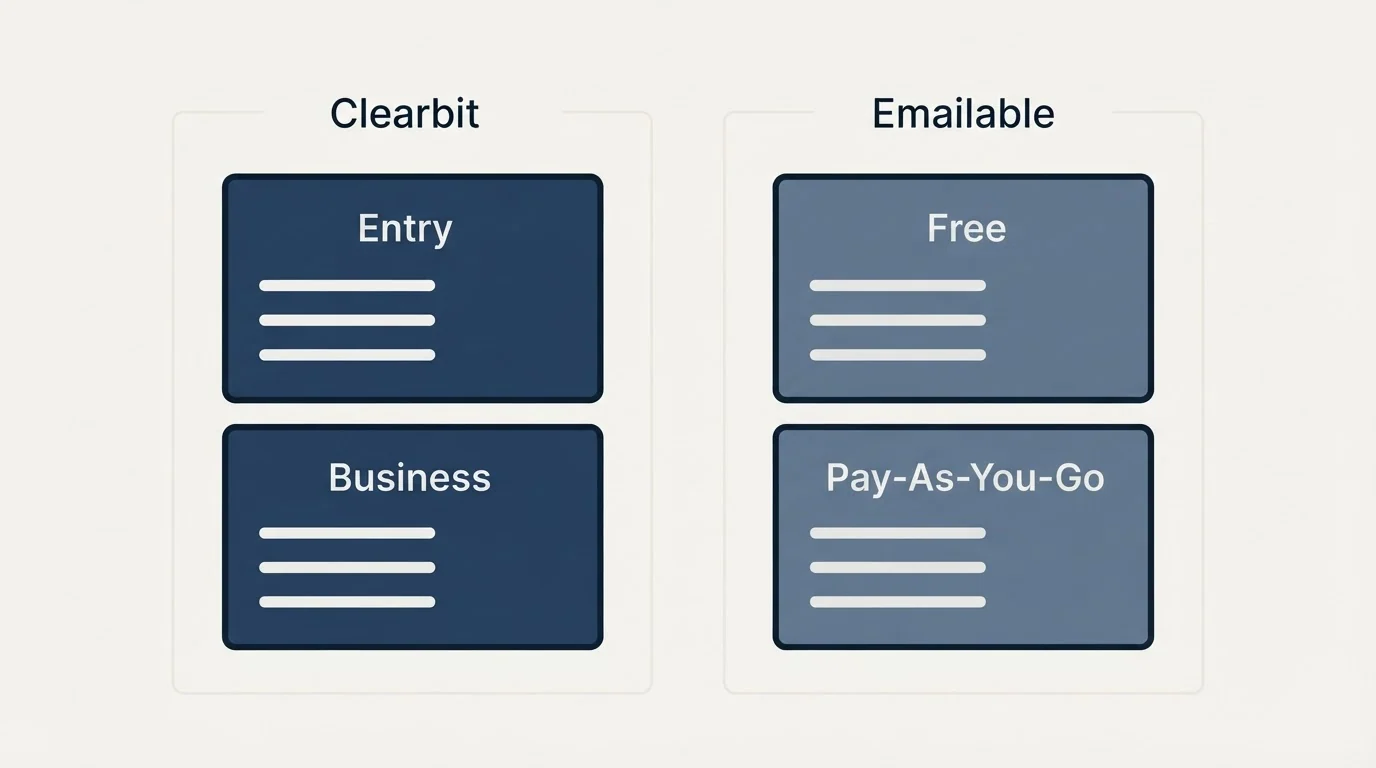 Pricing panels: Pricing Comparison (Clearbit, Emailable, Entry, Free)