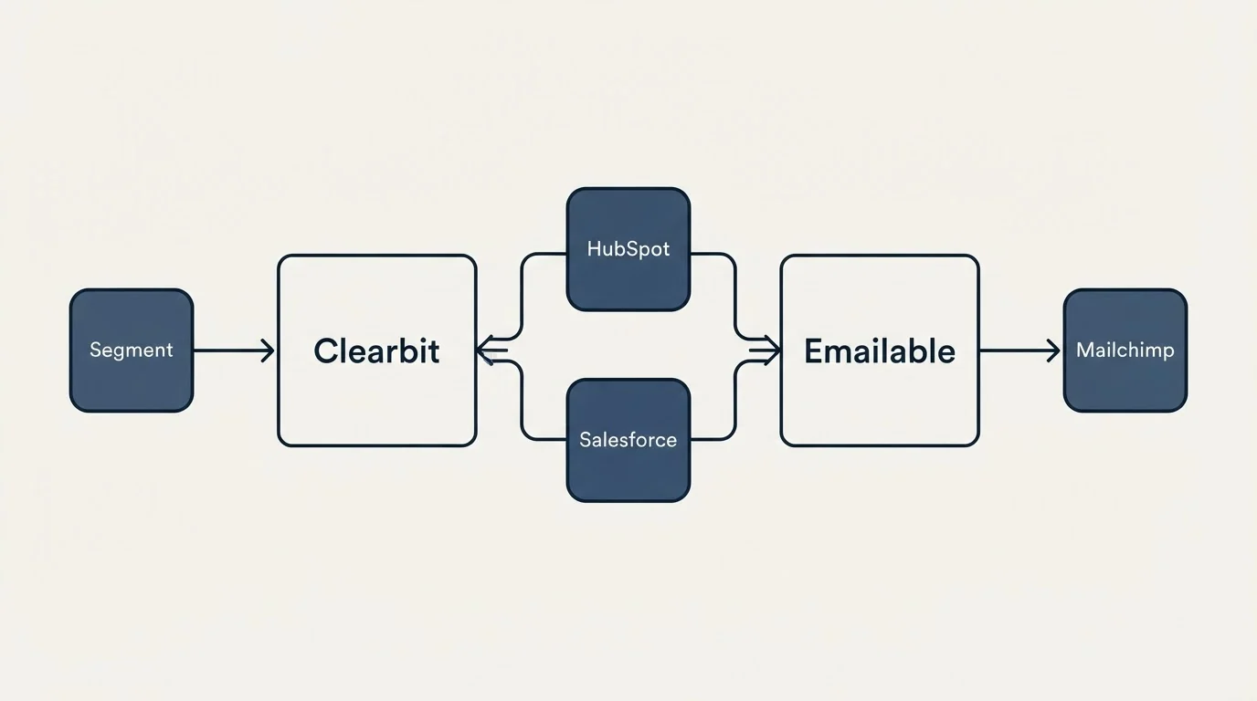 Integration schematic: Integration Ecosystem (Clearbit, Emailable, HubSpot, Salesforce)
