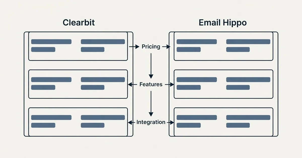 Comparison panel: Clearbit vs Email Hippo (Pricing, Features, Integration)