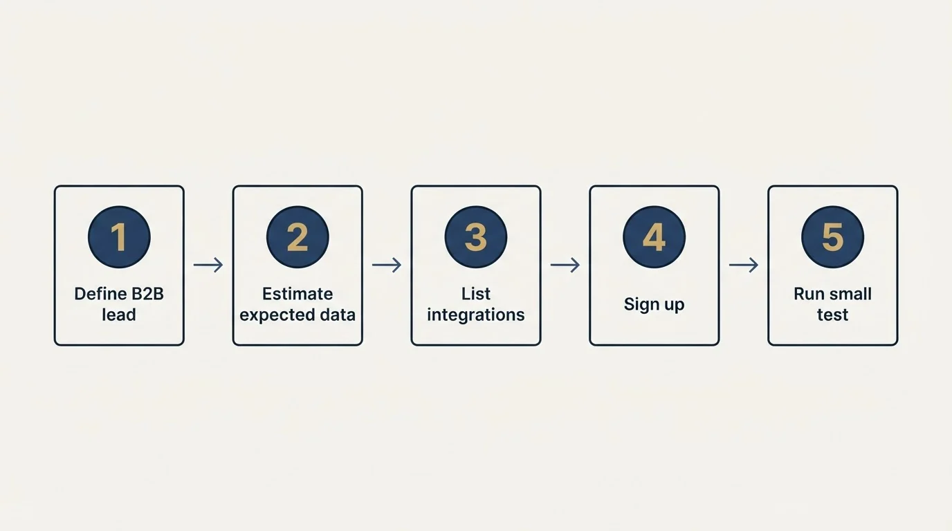 Step sequence: Getting Started Checklist (Define B2B lead, Estimate expected data, List integrations, Sign up)