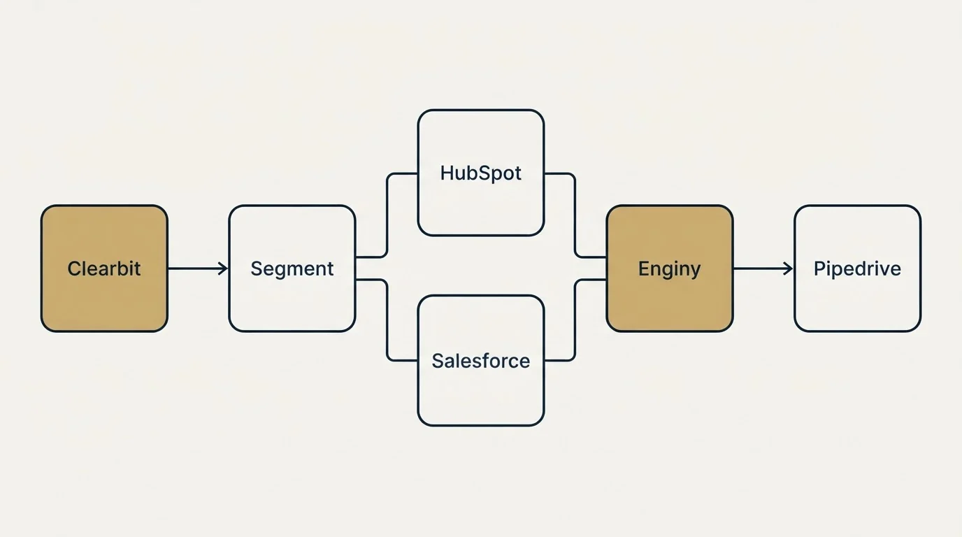 Integration flow: Integration Ecosystem (Clearbit, Enginy, HubSpot, Salesforce)