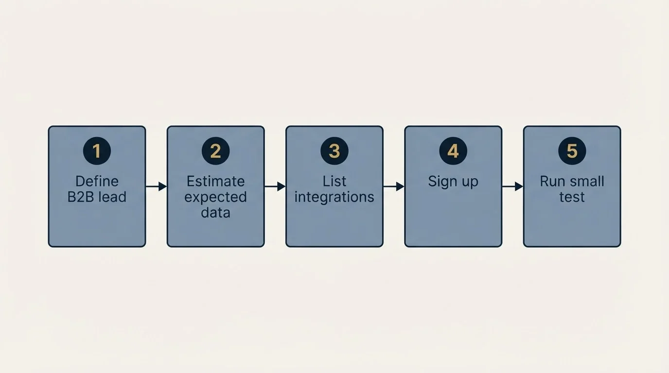 Step sequence: Getting Started Checklist (Define B2B lead, Estimate expected data, List integrations, Sign up)