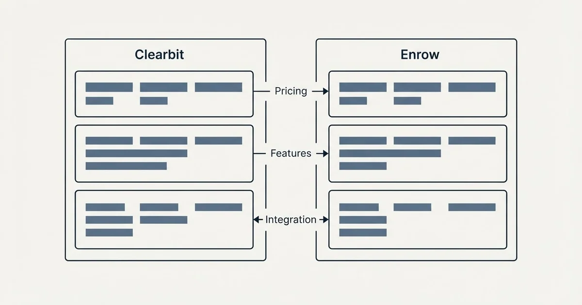 Comparison panel: Clearbit vs Enrow (Pricing, Features, Integration)