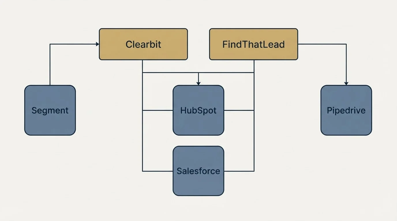Integration grid: Integration Ecosystem (Clearbit, FindThatLead, HubSpot, Salesforce)