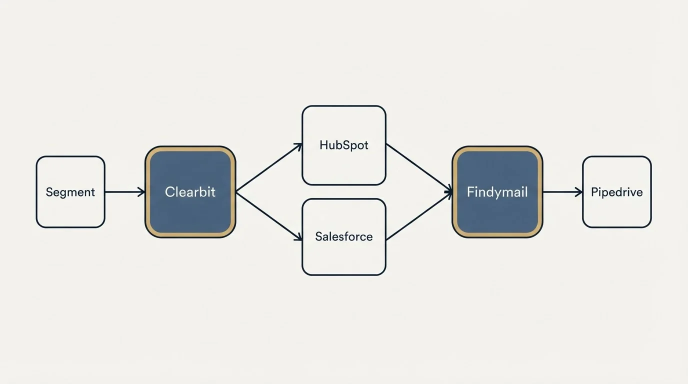 Integration schematic: Integration Ecosystem (Clearbit, Findymail, HubSpot, Salesforce)