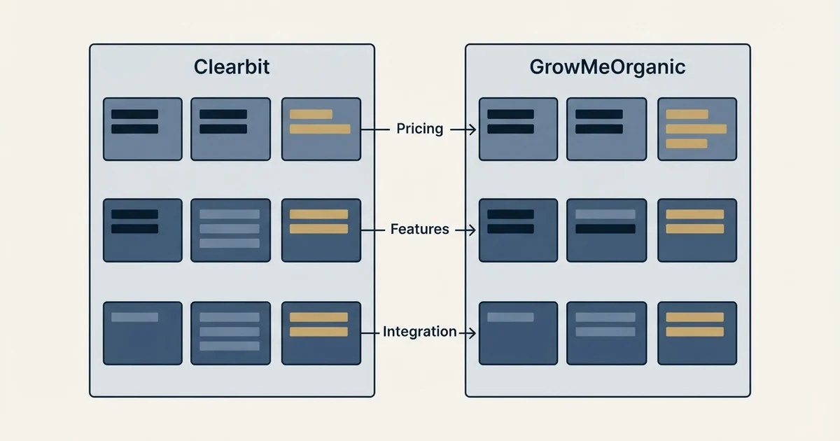 Comparison panel: Clearbit vs GrowMeOrganic (Pricing, Features, Integration)