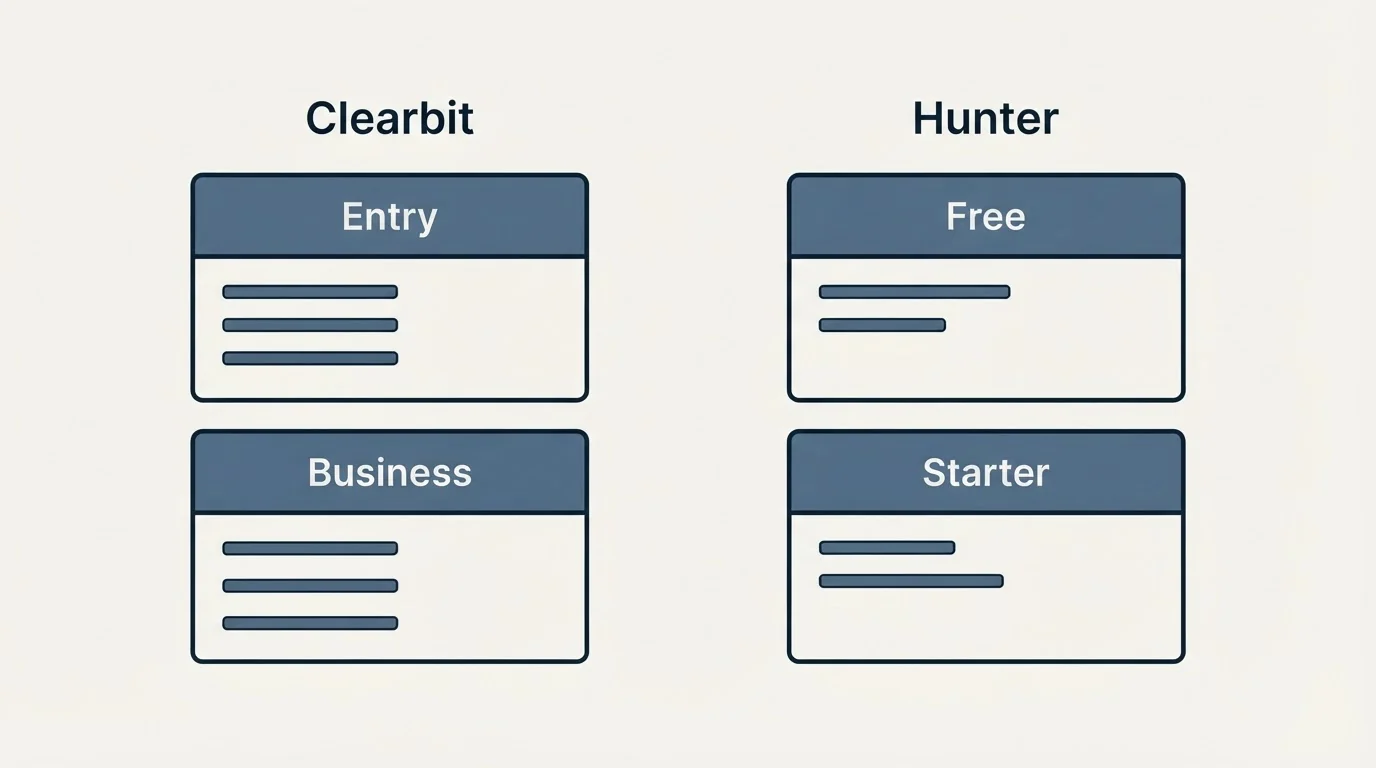 Pricing panels: Pricing Comparison (Clearbit, Hunter, Entry, Free)