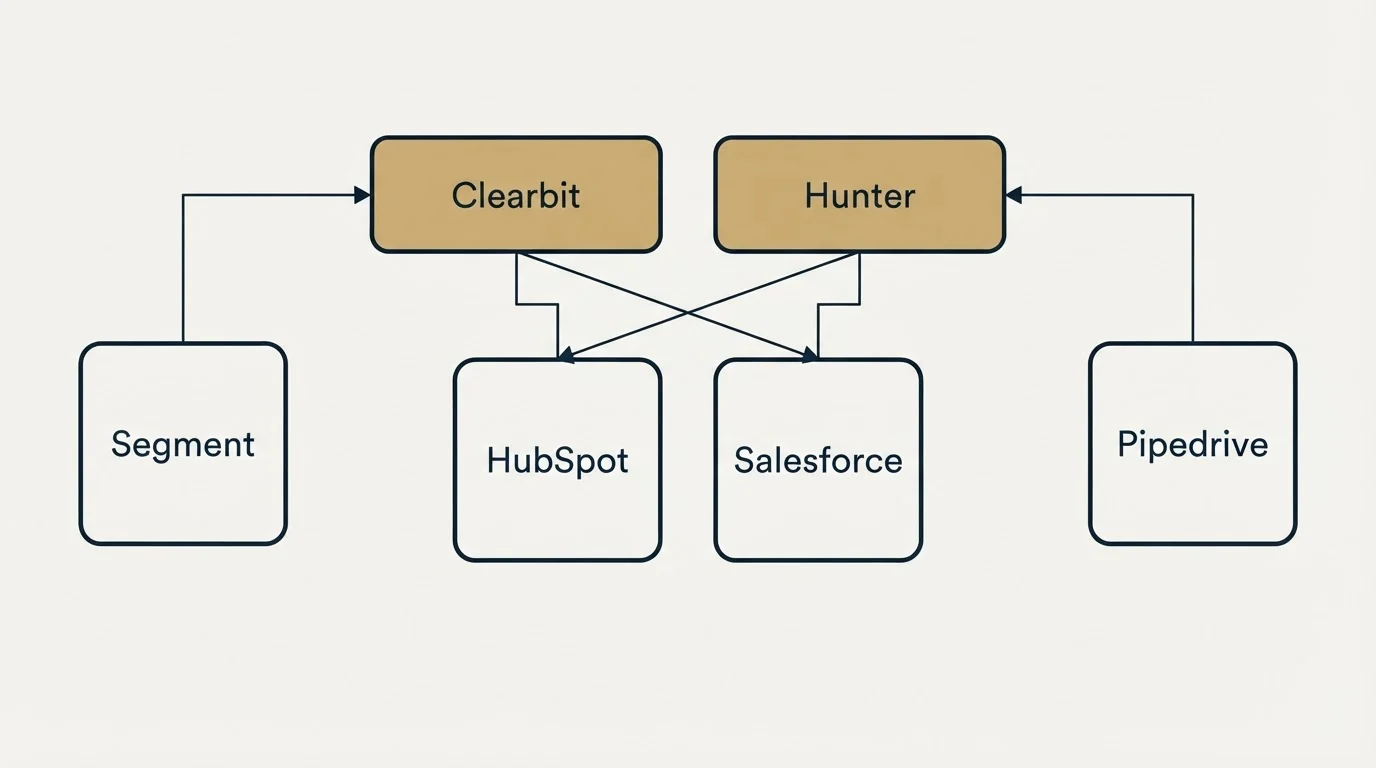 Integration grid: Integration Ecosystem (Clearbit, Hunter, HubSpot, Salesforce)