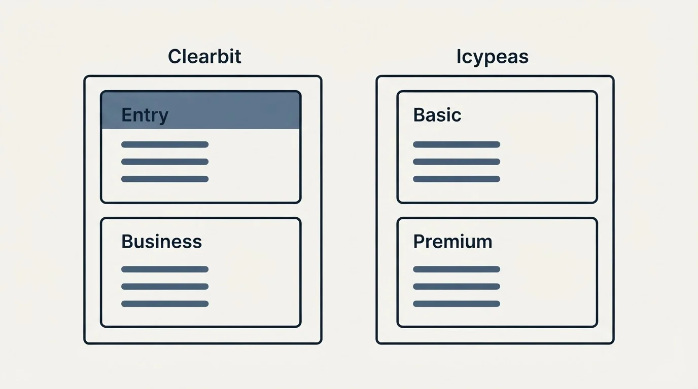 Pricing panels: Pricing Comparison (Clearbit, Icypeas, Entry, Basic)