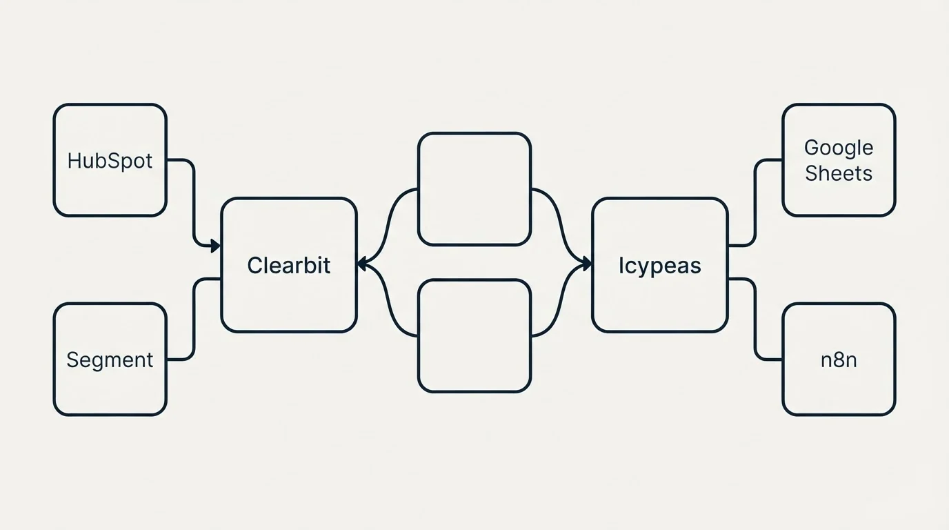 Integration schematic: Integration Ecosystem (Clearbit, Icypeas, HubSpot, Google Sheets)
