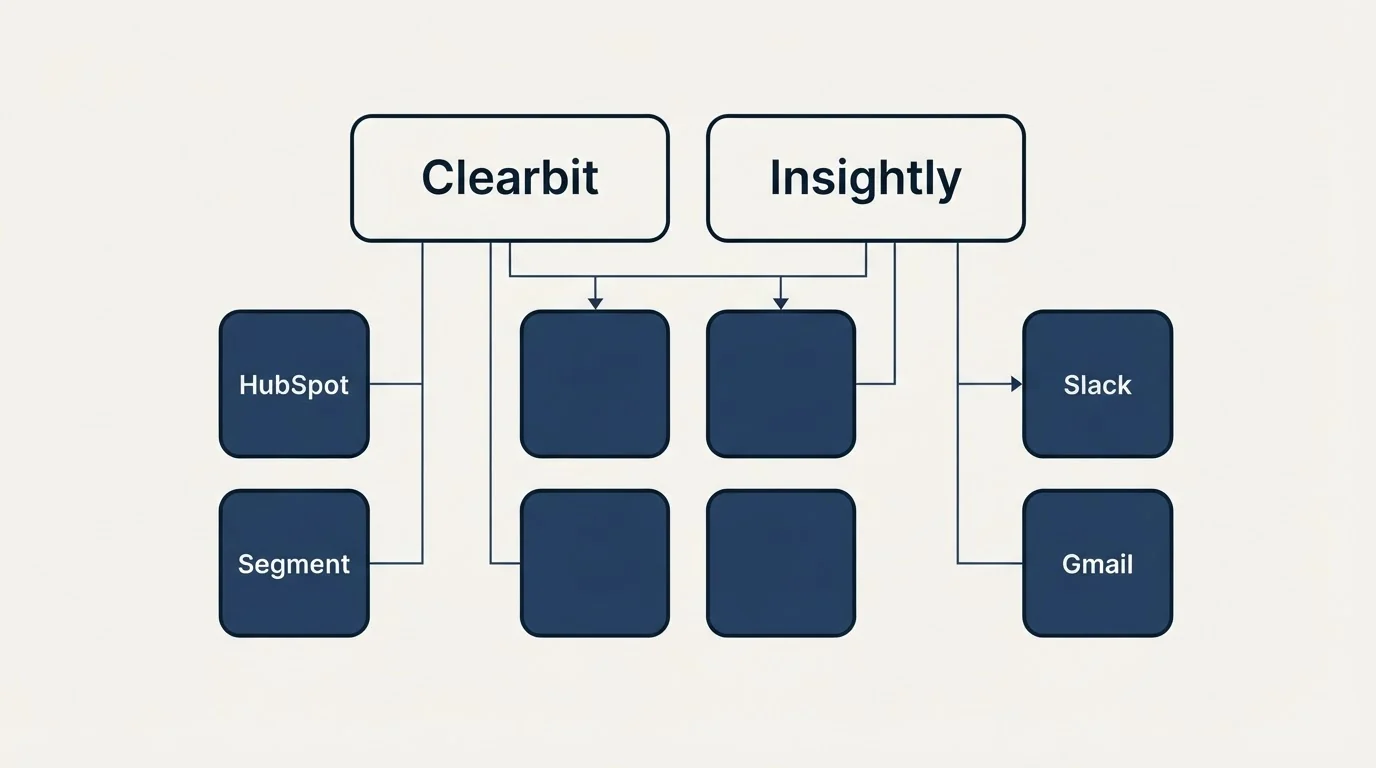 Integration grid: Integration Ecosystem (Clearbit, Insightly, HubSpot, Slack)