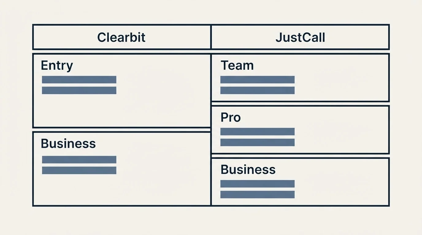 Pricing table: Pricing Comparison (Clearbit, JustCall, Entry, Team)