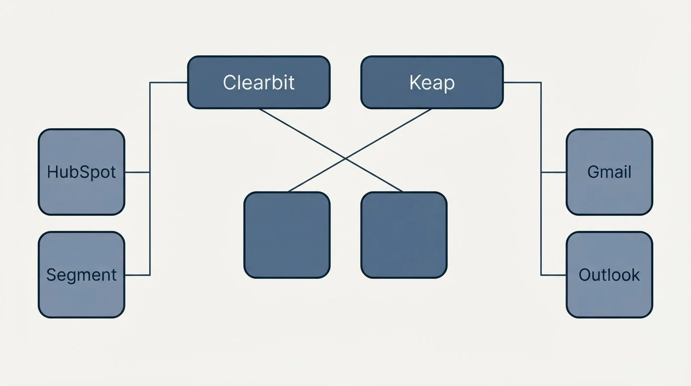 Integration grid: Integration Ecosystem (Clearbit, Keap, HubSpot, Gmail)