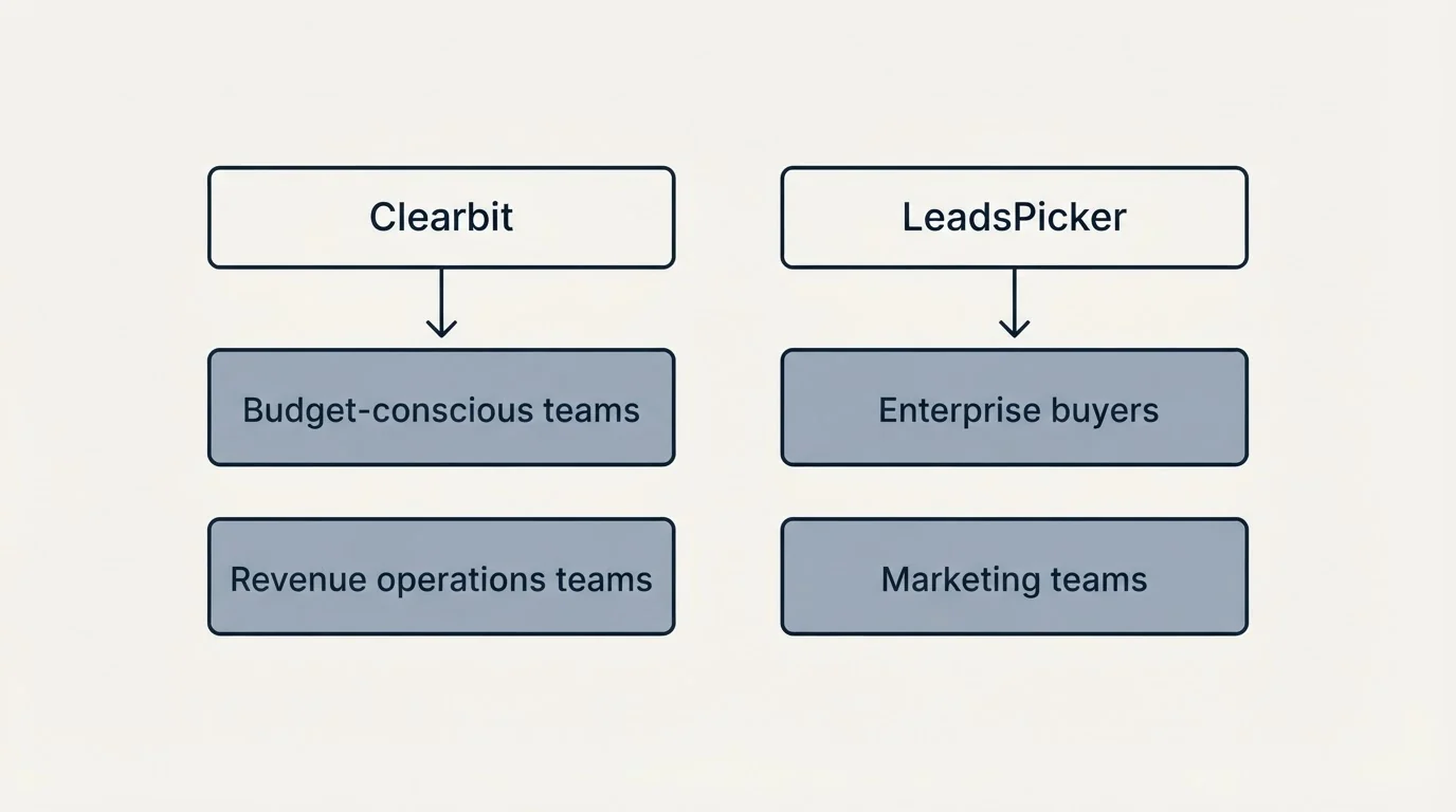 Two-column comparison: Use Case Recommendations (Clearbit, LeadsPicker, Budget-conscious teams, Enterprise buyers)