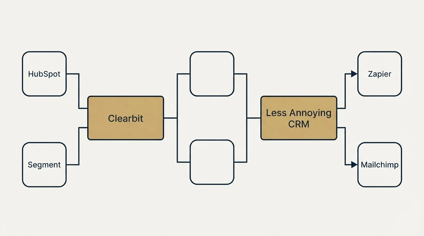 Integration flow: Integration Ecosystem (Clearbit, Less Annoying CRM, HubSpot, Zapier)