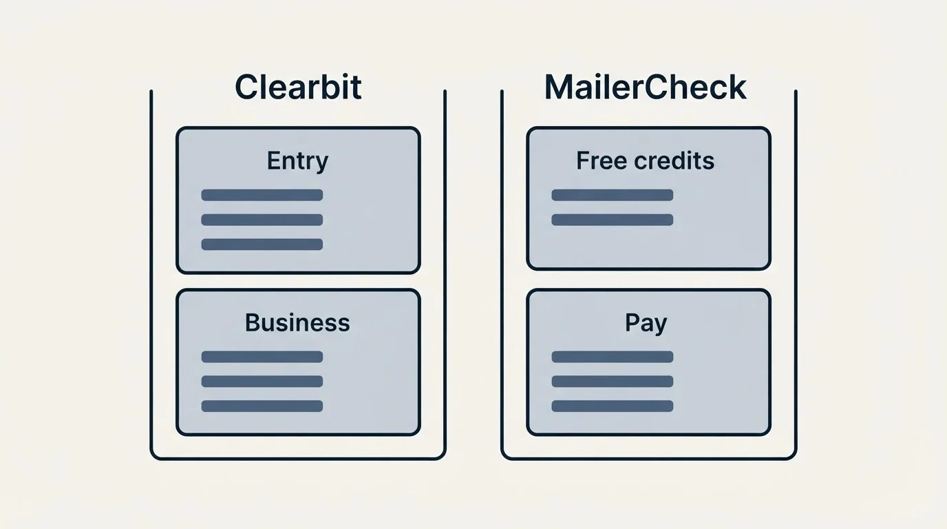 Pricing panels: Pricing Comparison (Clearbit, MailerCheck, Entry, Free credits)
