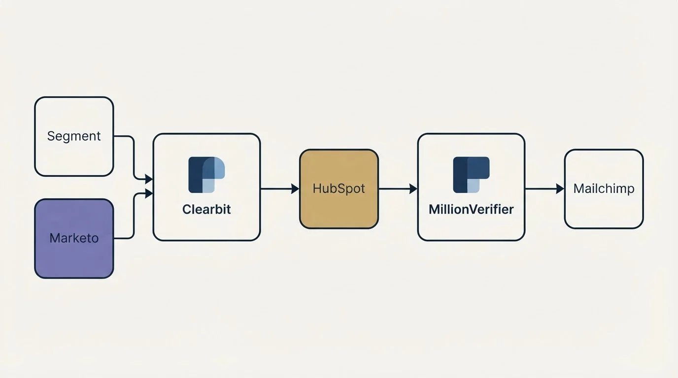 Integration flow: Integration Ecosystem (Clearbit, MillionVerifier, HubSpot, Segment)