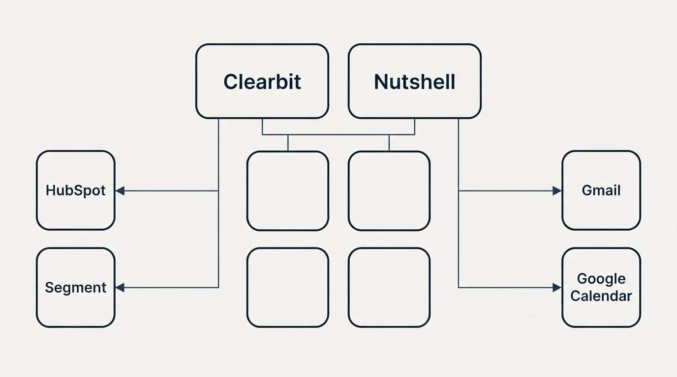 Integration grid: Integration Ecosystem (Clearbit, Nutshell, HubSpot, Gmail)