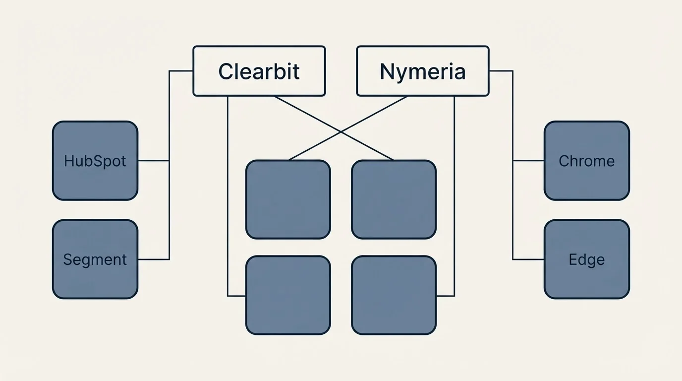 Integration grid: Integration Ecosystem (Clearbit, Nymeria, HubSpot, Chrome)