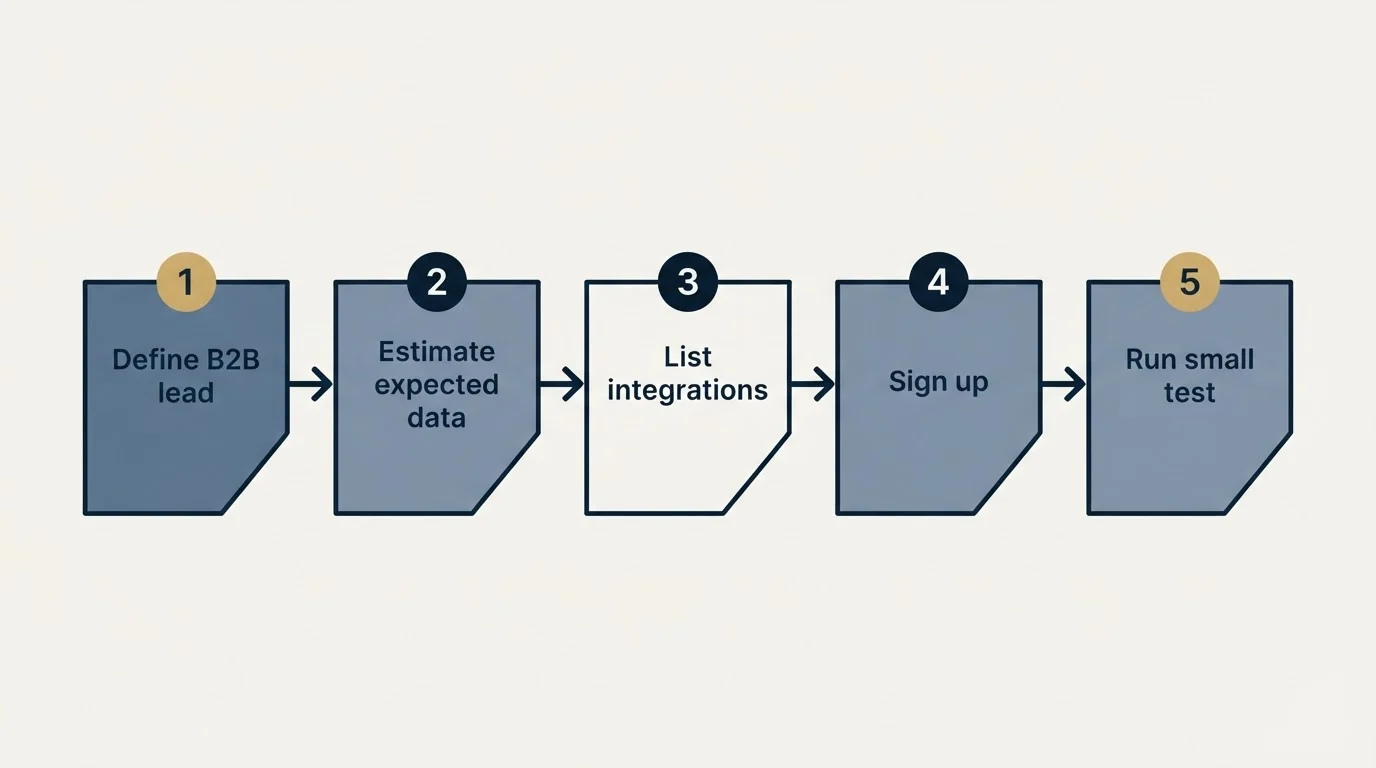 Step sequence: Getting Started Checklist (Define B2B lead, Estimate expected data, List integrations, Sign up)