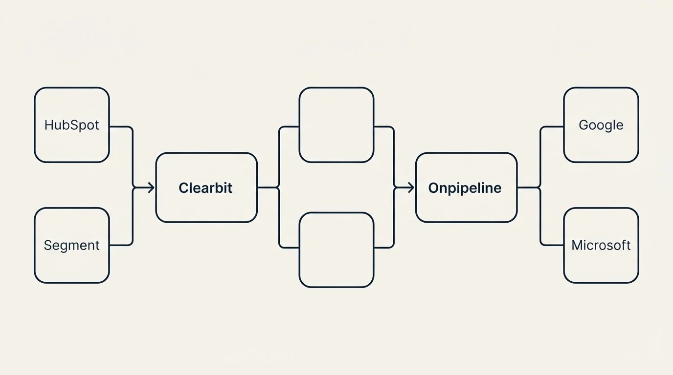 Integration flow: Integration Ecosystem (Clearbit, Onpipeline, HubSpot, Google)