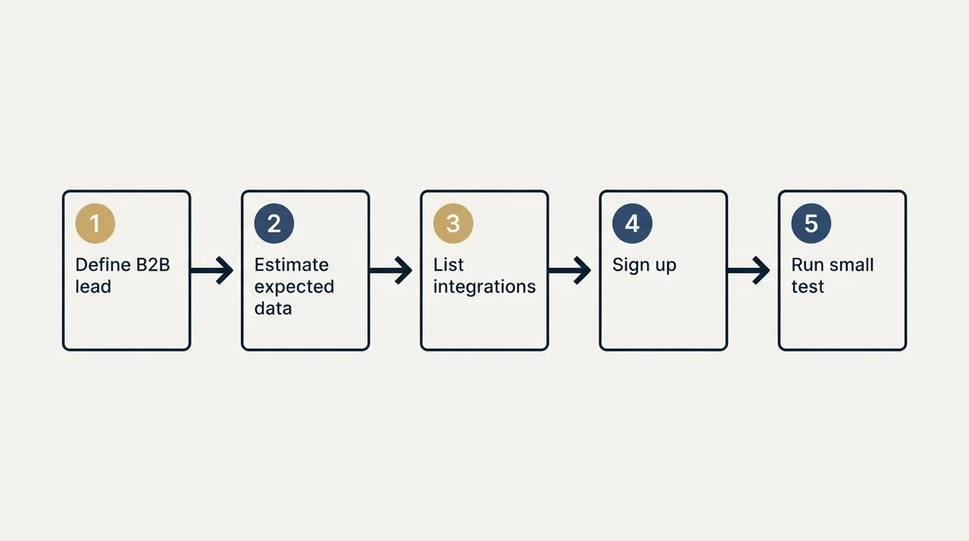 Step sequence: Getting Started Checklist (Define B2B lead, Estimate expected data, List integrations, Sign up)