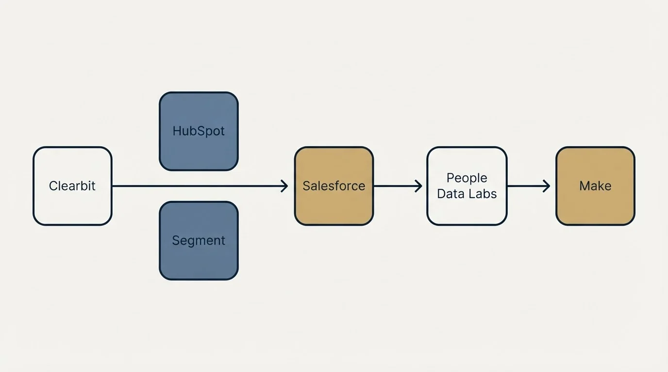 Integration flow: Integration Ecosystem (Clearbit, People Data Labs, Salesforce, HubSpot)