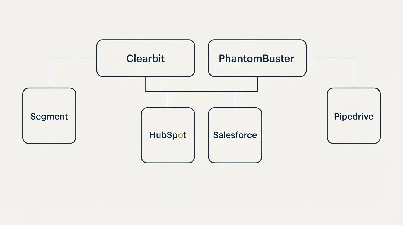 Integration grid: Integration Ecosystem (Clearbit, PhantomBuster, HubSpot, Salesforce)