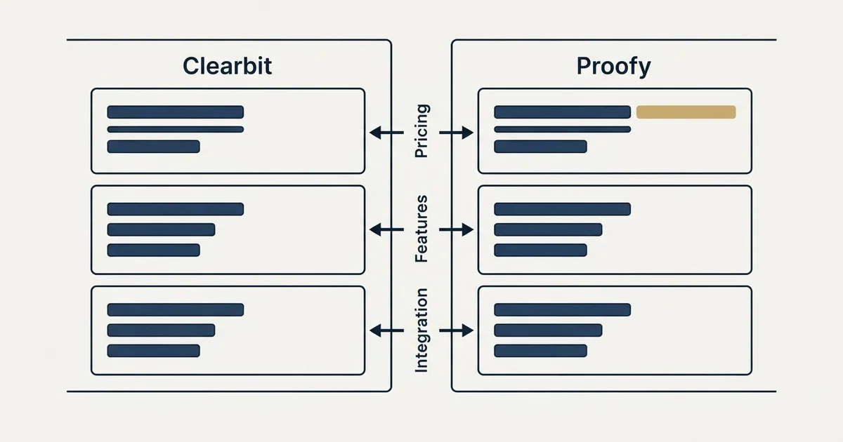 Comparison panel: Clearbit vs Proofy (Pricing, Features, Integration)