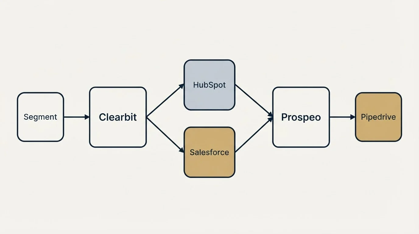 Integration schematic: Integration Ecosystem (Clearbit, Prospeo, HubSpot, Salesforce)