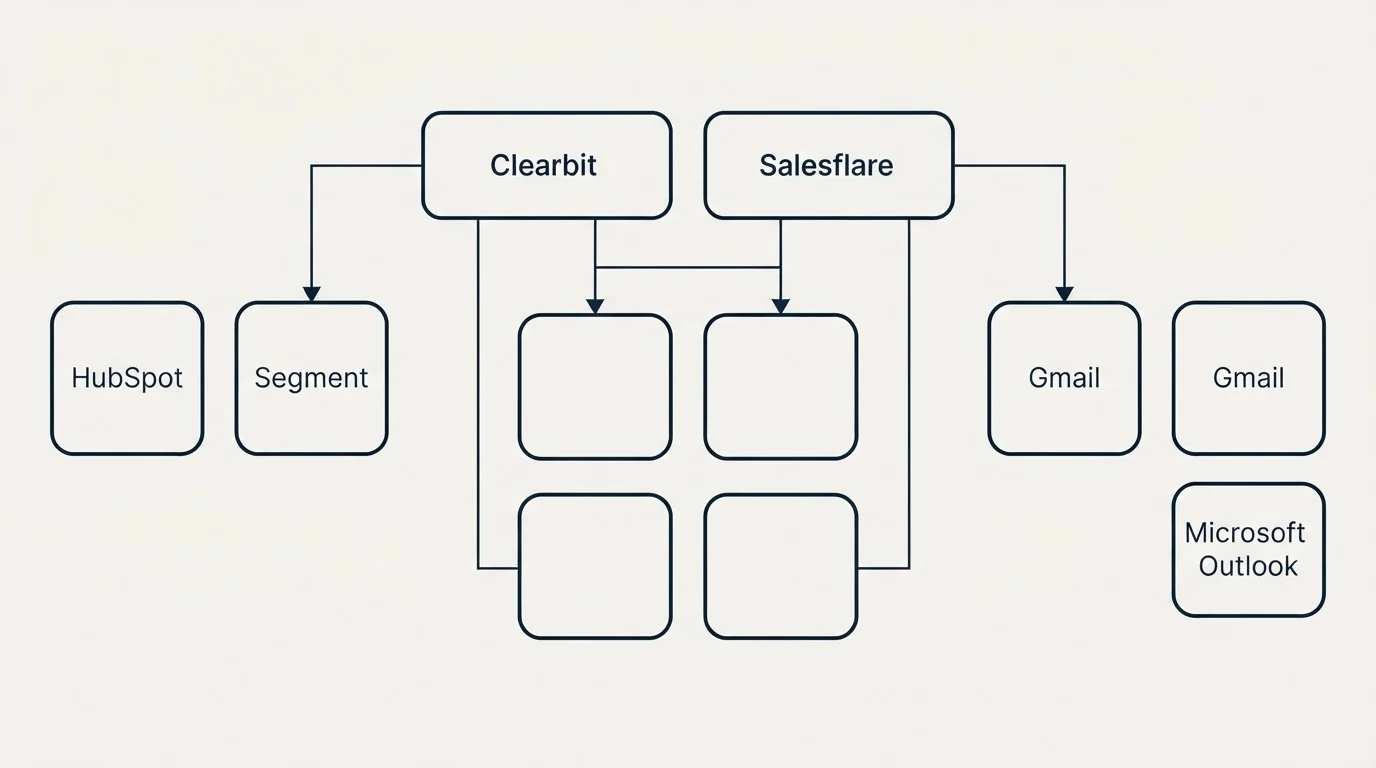 Integration grid: Integration Ecosystem (Clearbit, Salesflare, HubSpot, Gmail)