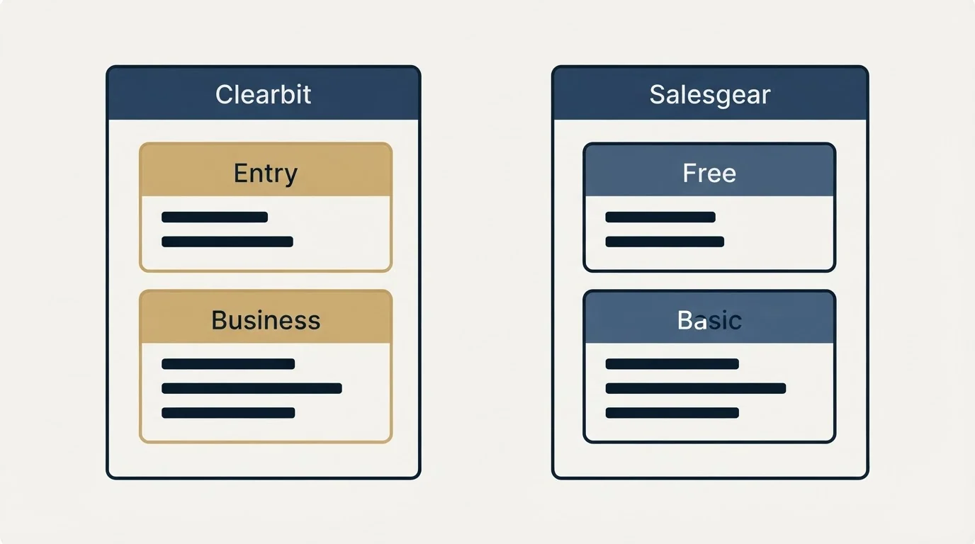 Pricing panels: Pricing Comparison (Clearbit, Salesgear, Entry, Free)