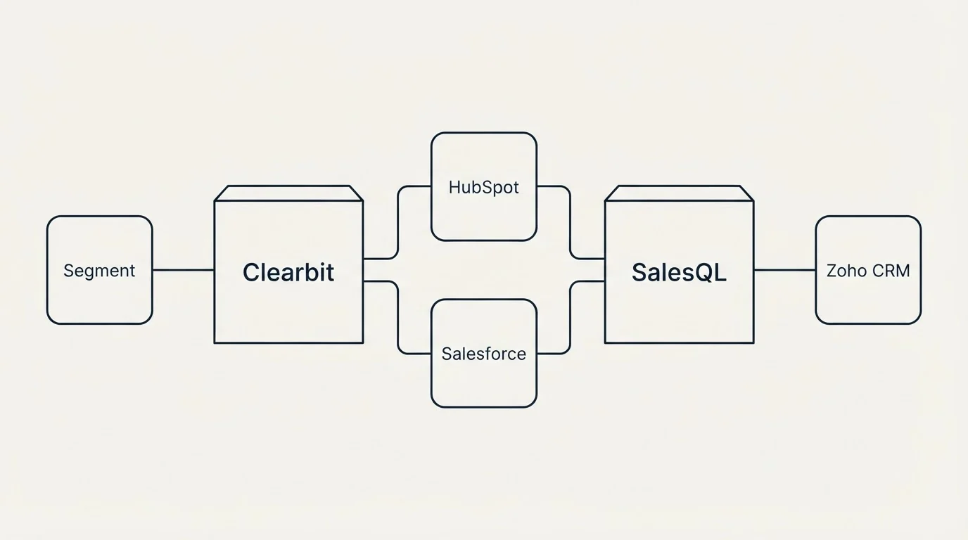 Integration flow: Integration Ecosystem (Clearbit, SalesQL, HubSpot, Salesforce)