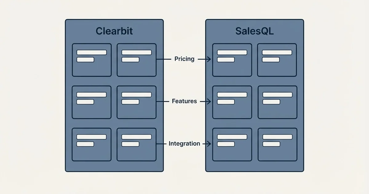Comparison panel: Clearbit vs SalesQL (Pricing, Features, Integration)