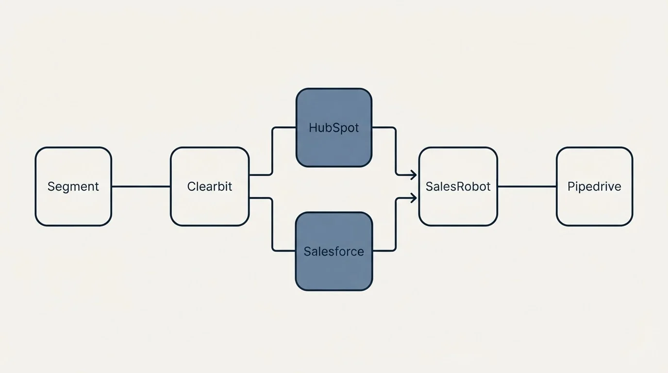 Integration flow: Integration Ecosystem (Clearbit, SalesRobot, HubSpot, Salesforce)