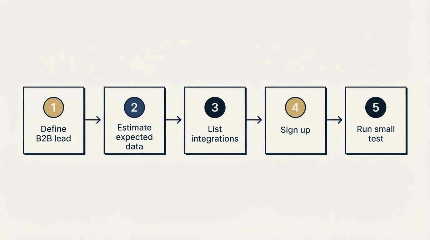 Step sequence: Getting Started Checklist (Define B2B lead, Estimate expected data, List integrations, Sign up)