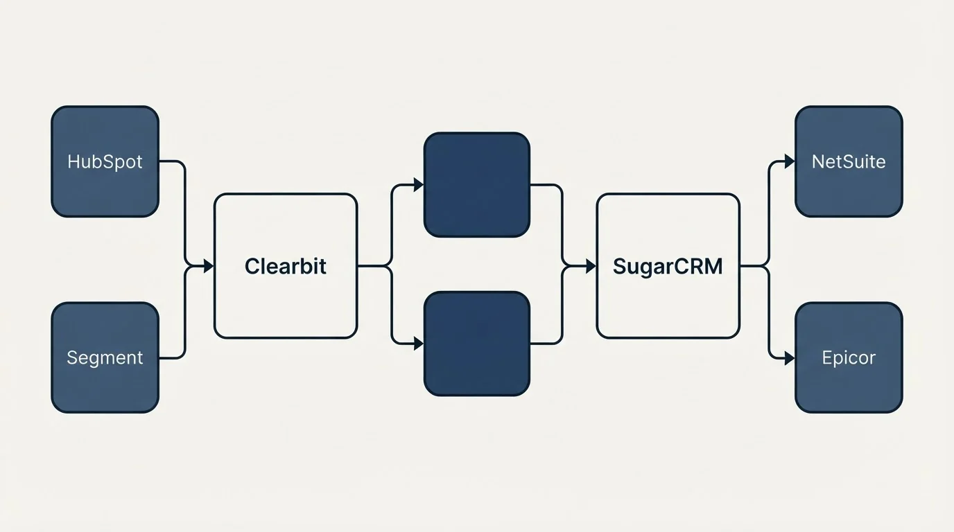 Integration schematic: Integration Ecosystem (Clearbit, SugarCRM, HubSpot, NetSuite)