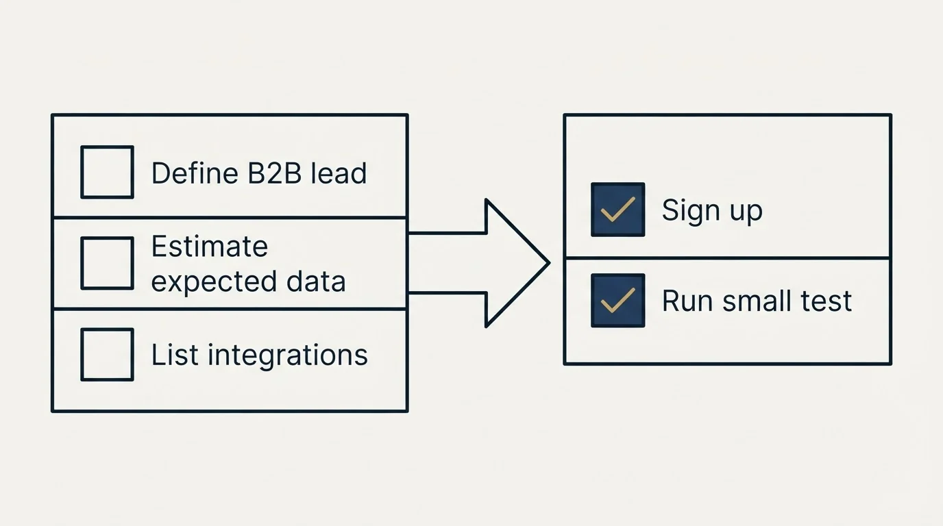 Before-and-after steps: Getting Started Checklist (Define B2B lead, Estimate expected data, List integrations, Sign up)
