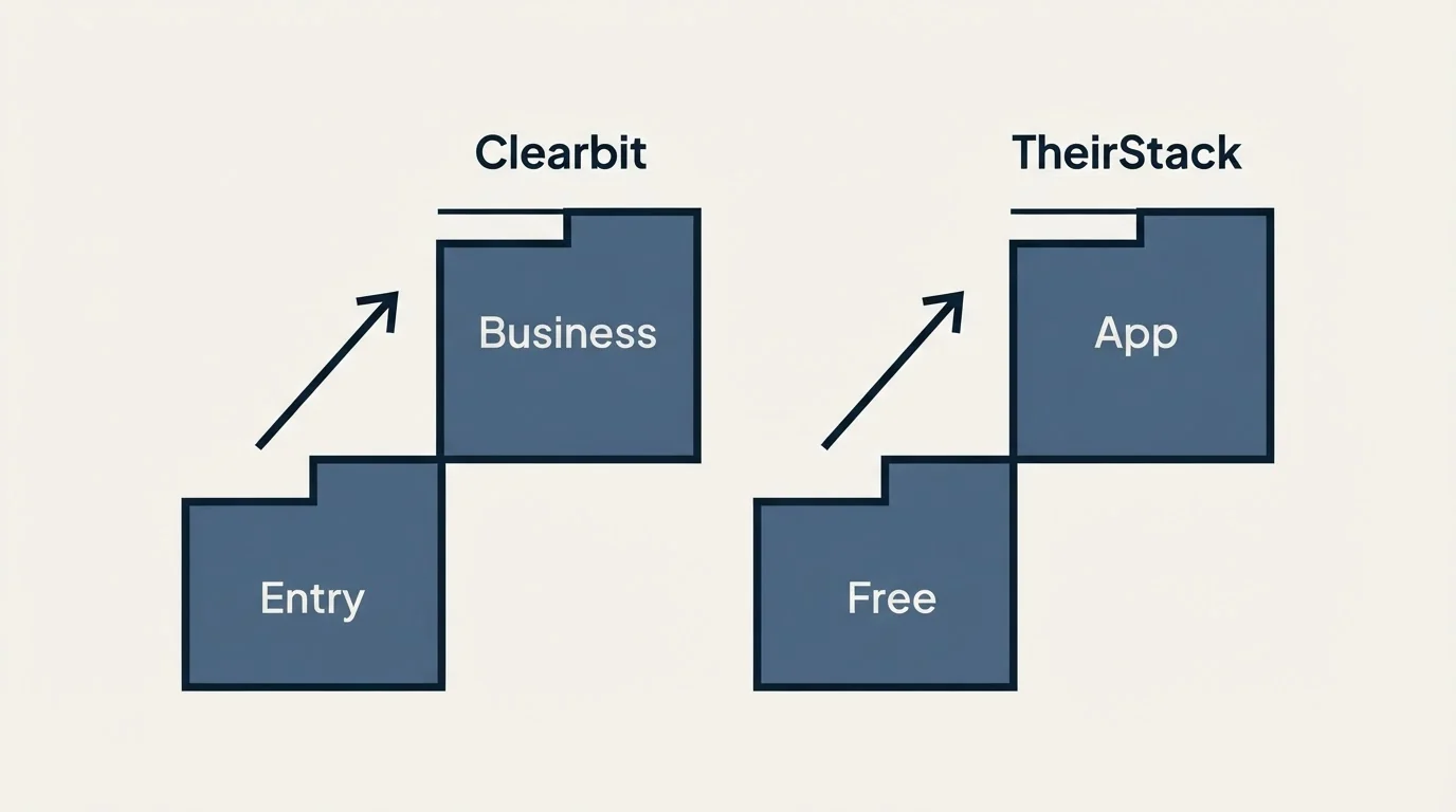 Pricing ladder: Pricing Comparison (Clearbit, TheirStack, Entry, Free)