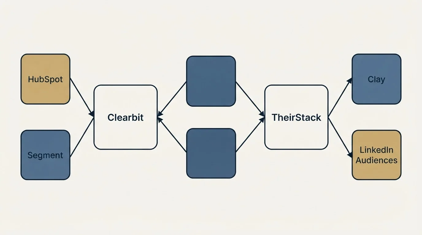 Integration schematic: Integration Ecosystem (Clearbit, TheirStack, HubSpot, Clay)